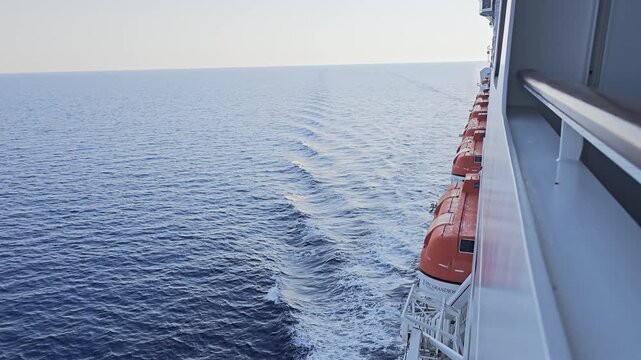 View along a cruise ship side with lifeboats in a row above the moving sea