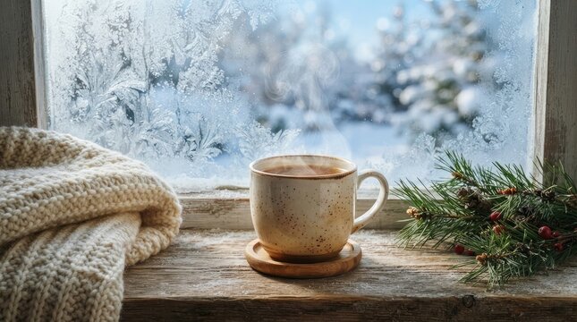 Cozy winter scene with a steaming cup of coffee, a warm knitted sweater, and pine branches on a rustic wooden windowsill against a frosty window background