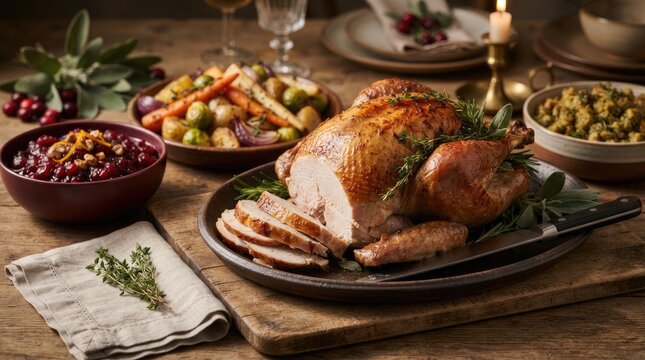 Roasted thanksgiving turkey with cranberry sauce, roasted vegetables, and stuffing on a rustic wooden table