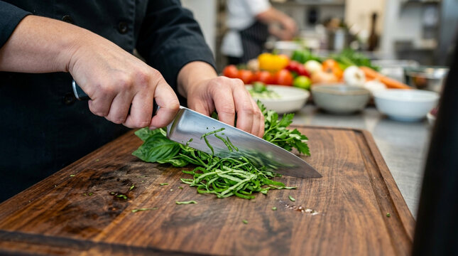 Chef Chopping Fresh Herbs on Wooden Board | Culinary Preparation Close-up