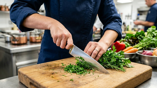 Chef Chopping Fresh Herbs on Cutting Board in Professional Kitchen