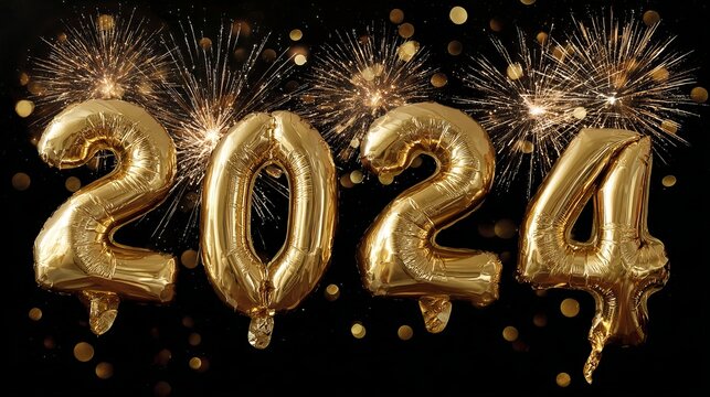 Shiny golden balloons forming the number twenty twenty four floating against a dark background with bright festive sparkling firework bursts