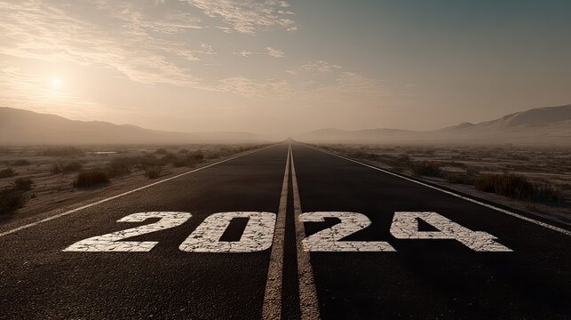 Asphalt highway stretching towards horizon displays year twenty twenty four painted in white bold font against natural golden sunset light
