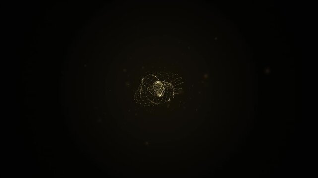 Abstract golden glowing plexus geometric shape rotating on a dark background. Futuristic particle mesh and network connection loop.