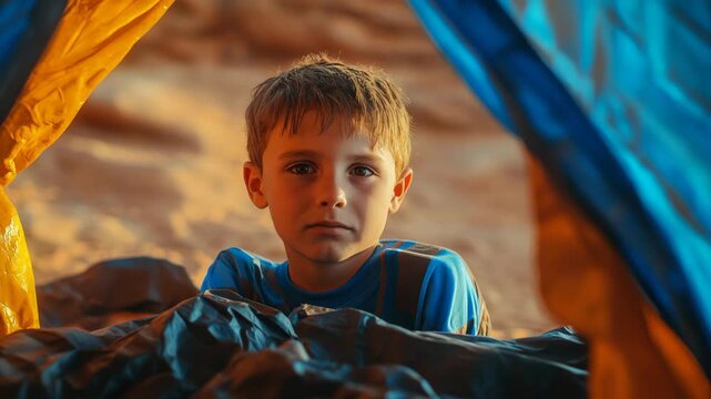 Young boy sits inside tent, gazing forward. Soft light filters through fabric edges. Blue and orange colors frame his expression. He appears calm, surrounded by gear. Scene feels quiet, intimate