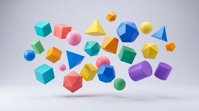 3d render of various colorful geometric shapes floating in the air