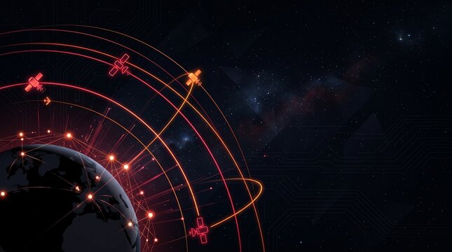 Futuristic Dark Space Tech Background with Glowing Satellite Communication Lines and Copy Space