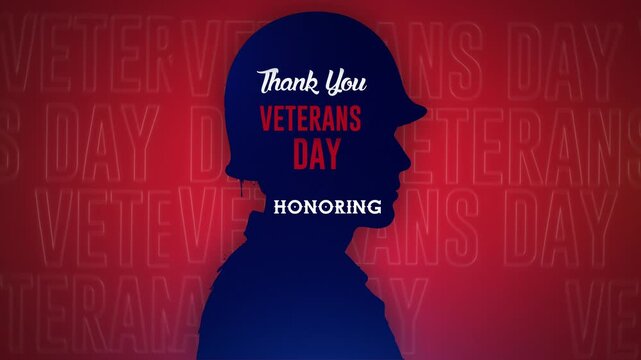 Thank You Veterans Day Honoring All Who Served Kinetic Typography Inside Soldier Helmet Silhouette on Red Background