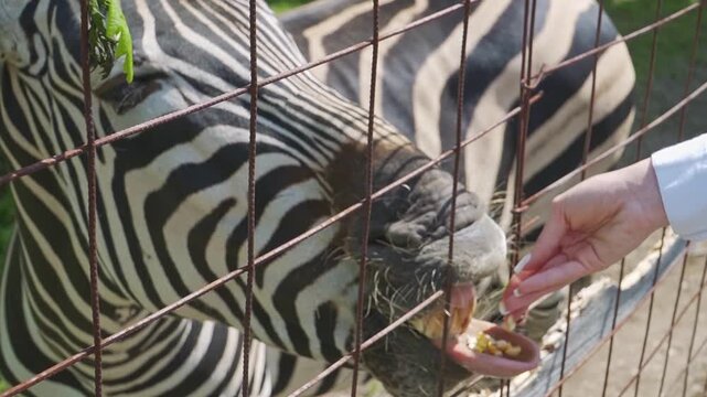 A zebra extends its tongue through a wire fence to accept a small treat from a visitor, offering a playful close-up of feeding behavior.