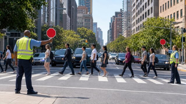 Crossing guard directing pedestrian traffic at a busy urban intersection with multiple people walking and vehicles waiting at a crosswalk in a city environment