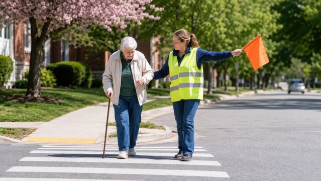 Female crossing guard assists elderly woman with cane while crossing a street, wearing a reflective vest, surrounded by trees and residential buildings in a suburban neighborhood