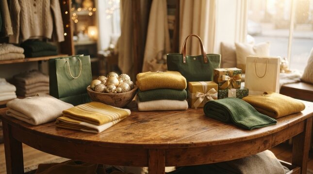 Cozy holiday shopping display with folded sweaters, gift boxes, and gold ornaments on a rustic wooden table in a boutique store