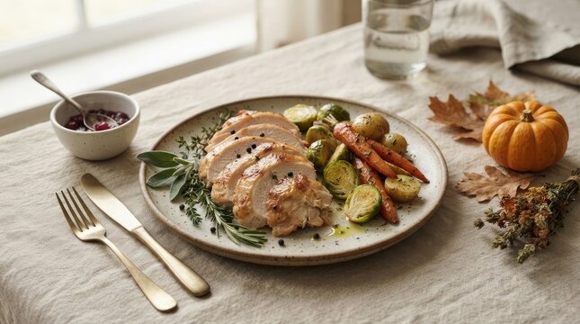 Roasted turkey breast with vegetables on a plate for thanksgiving dinner