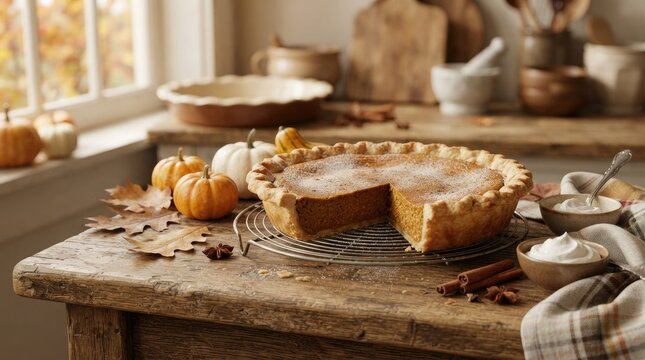 Freshly baked pumpkin pie on a rustic wooden table with autumn decorations and whipped cream