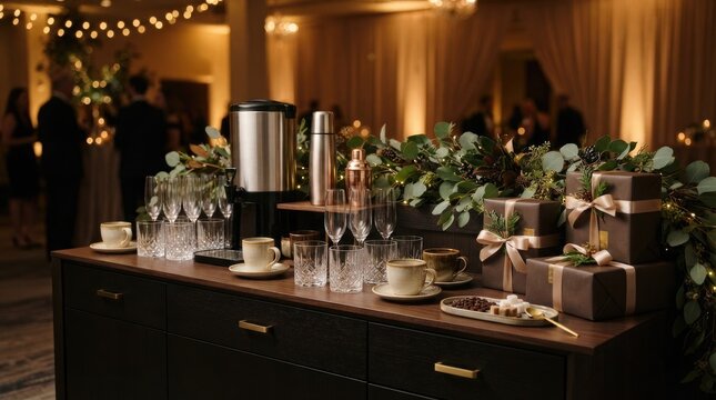 Elegant coffee and beverage station at a wedding reception with gifts and greenery