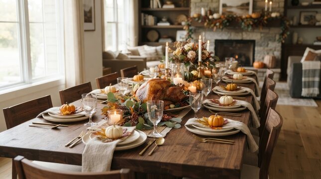 Beautifully set dining table for a thanksgiving dinner with a roasted turkey, pumpkins, and candles in a cozy home interior
