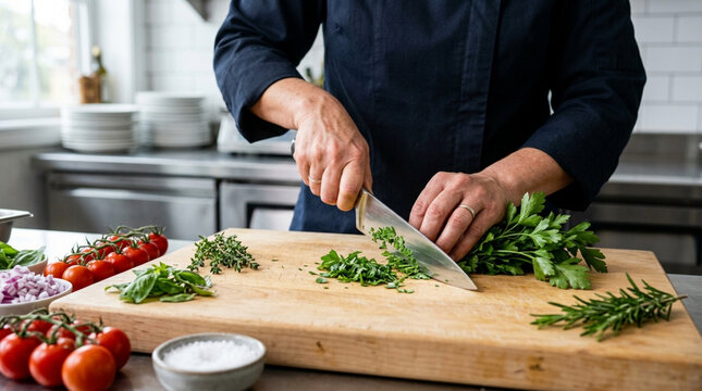 Chef Chopping Fresh Herbs on Wooden Cutting Board in Kitchen