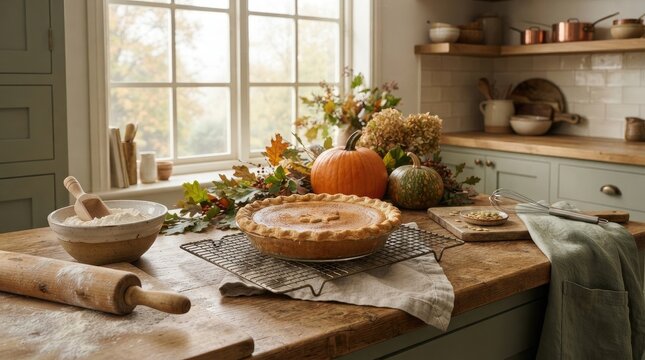 Freshly baked pumpkin pie on a rustic kitchen counter with autumn decorations and baking tools
