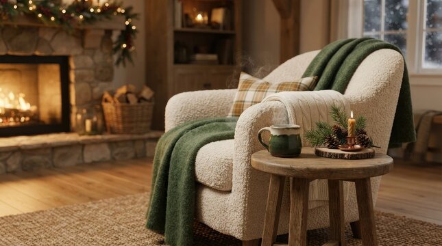 Cozy armchair with a green blanket and a steaming mug by a warm fireplace in a rustic living room
