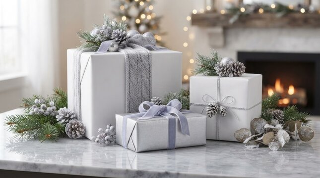 Elegant christmas gift boxes wrapped in white and silver paper with pine cones and ribbons on a marble table