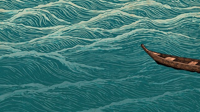 This is a woodcut-style illustration of a vast, wavy ocean in teal and white. A small wooden boat floats alone on the right side. The sea features dense, rhythmic lines, creating a strong sense of mot