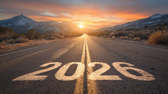 Long asphalt highway stretching towards beautiful golden sunset mountains with painted twenty twenty six date marker for future new year