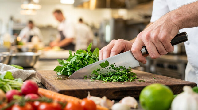 Chef Hands Chopping Fresh Parsley on Wooden Board in Busy Kitchen