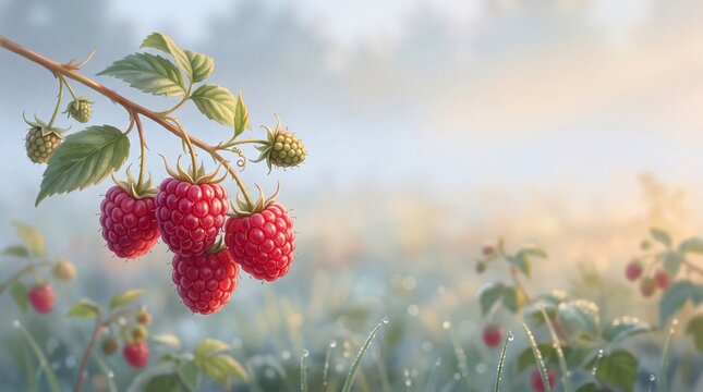 Fresh red raspberries on branch in morning dew, ripe wild berries in misty garden, organic summer fruit harvest background