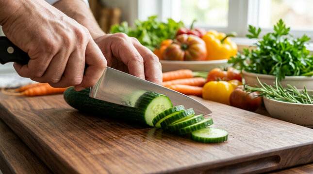 Chef slicing fresh cucumber on wooden cutting board with vegetables background