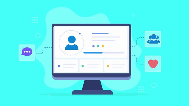 Modern flat vector animation of a desktop monitor displaying a customer profile dashboard with user, group, chat, and social engagement icons for digital business concepts.