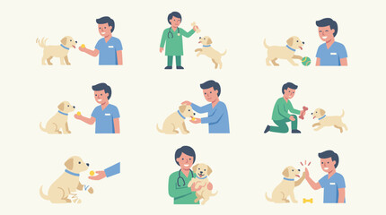 Fototapeta premium Flat design vector illustration icon set of a dog and person interacting, showing care and play