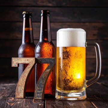 Rustic Beer Bottle and Glass with Number 77 &ndash; Birthday and Anniversary Celebration