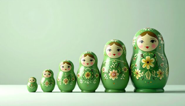 Russian Nesting Dolls in Snow, Traditional Matryoshka Wooden Dolls Arranged in a Row, Colorful Painted Russian Souvenir Toy Representing Family and Cultural Heritage