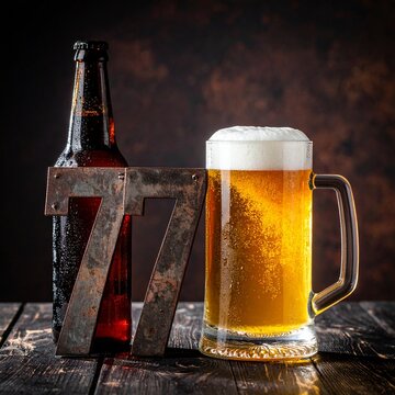 Rustic Beer Bottle and Glass with Number 77 &ndash; Birthday and Anniversary Celebration