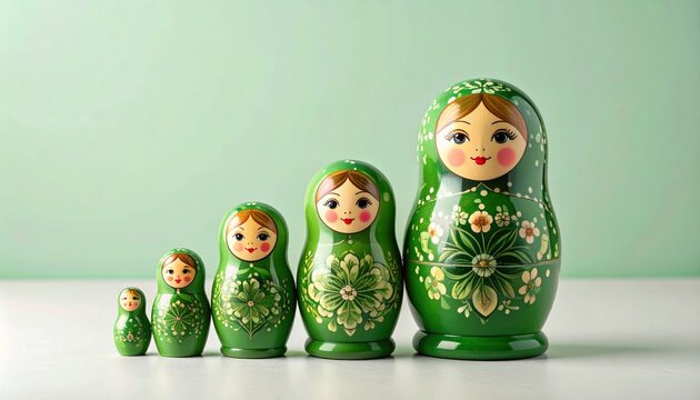 Russian Nesting Dolls in Snow, Traditional Matryoshka Wooden Dolls Arranged in a Row, Colorful Painted Russian Souvenir Toy Representing Family and Cultural Heritage