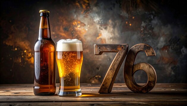 Rustic Beer Bottle and Glass with Number 76 &ndash; Birthday and Anniversary Celebration