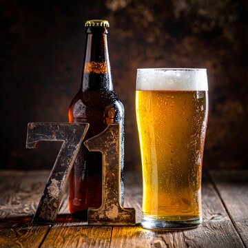 Rustic Beer Bottle and Glass with Number 71 &ndash; Birthday and Anniversary Celebration