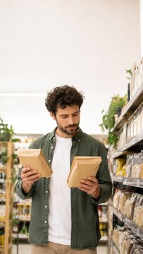 Male shopper comparing two packages of plant-based food products inside a grocery store aisle with shelves filled with various organic items