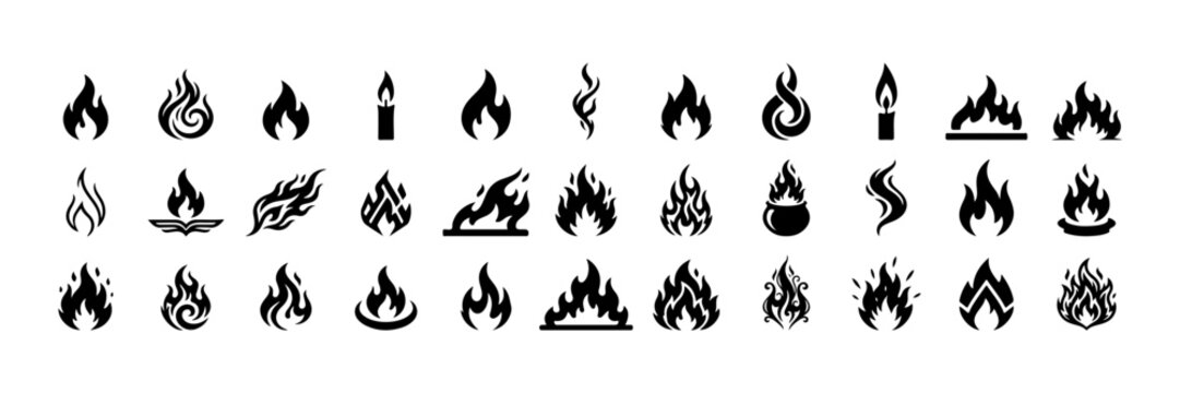 Flame Silhouette in classic style. Black fire and flame silhouette shapes in varied styles. Old school tattoo style or silhouette flame for cars. Minimal stylish fire silhouette. Vector graphic set