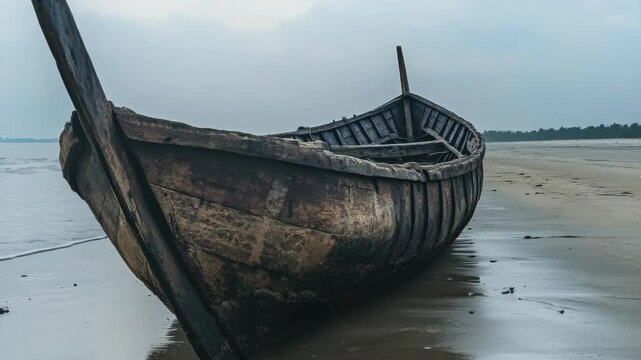 A weathered wooden boat with a rusted bow beached on sand, under an overcast sky.