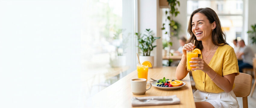 Young woman enjoying breakfast and drinking juice in a cafe  