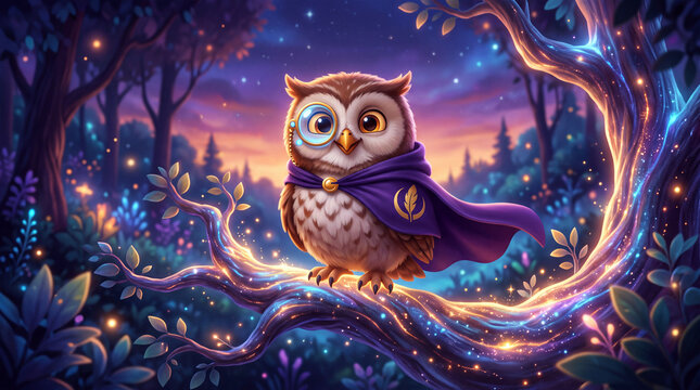 Wise Cute Owl Superhero Wearing Purple Cape and Tech Monocle on Glowing Tree Branch