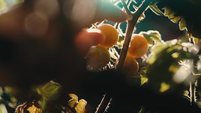 Sun-drenched backlight haloes a hand picking ripe cherry tomatoes from a tangled vine in slow motion; homegrown branding, culinary content, organic gardening and harvest storytelling.