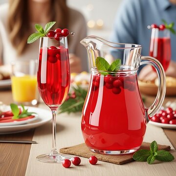Cranberry Mimosa Pitcher and Glass, garnished with fresh floating cranberries and sprigs of fresh mint, on a festive holiday brunch table. The background features blurred family breakfast holiday sett