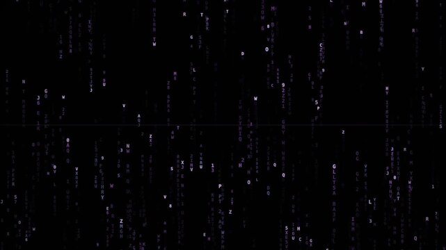 Glowing alphanumeric characters cascading in streams across a dark digital background