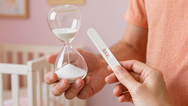 A person holding an hourglass and a positive pregnancy test with two red lines, highlighting family planning, pregnancy testing, expectation, and parenthood