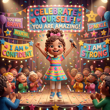 Cartoon girl on stage with positive self-affirmation text.
