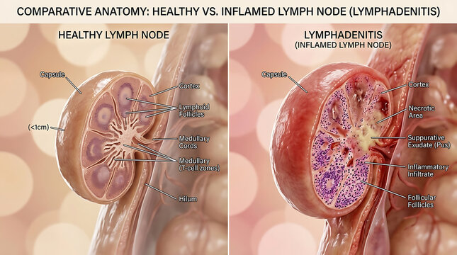 Healthy Lymph Node Versus Lymphadenitis Suppuration and Follicular Hyperplasia