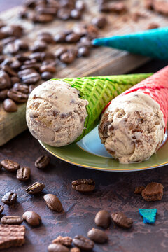 Coffee Ice Cream in Waffle Cones.
