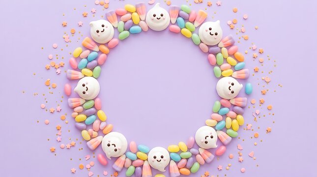 Pastel Halloween candy wreath with ghost marshmallows, colorful jelly beans and candy corn on purple background, festive holiday border